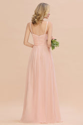 Glamorous Chiffon Spaghetti Straps Ruffle Long Bridesmaid Dress Affordable-27dress